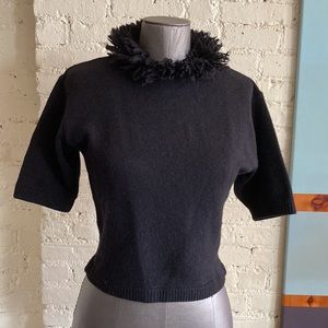 Vintage Fiorucci black wool short sleeve fringed neck sweater top
